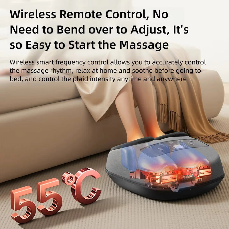 Massage foot device with text highlighting wireless control and comfort, on a beige couch.