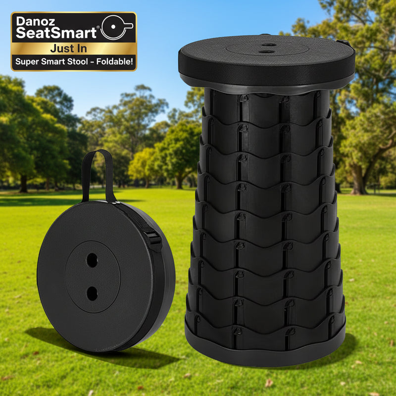 Black woven stool and spool on a wooden floor with a neutral wall background