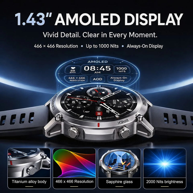 ⌚ Danoz WatchSmart | 2026 Military GPS Smartwatch | 1.43" AMOLED | Offline Map | 5ATM | 170+ Sports | Bluetooth Call | 500mAh | Men & Women