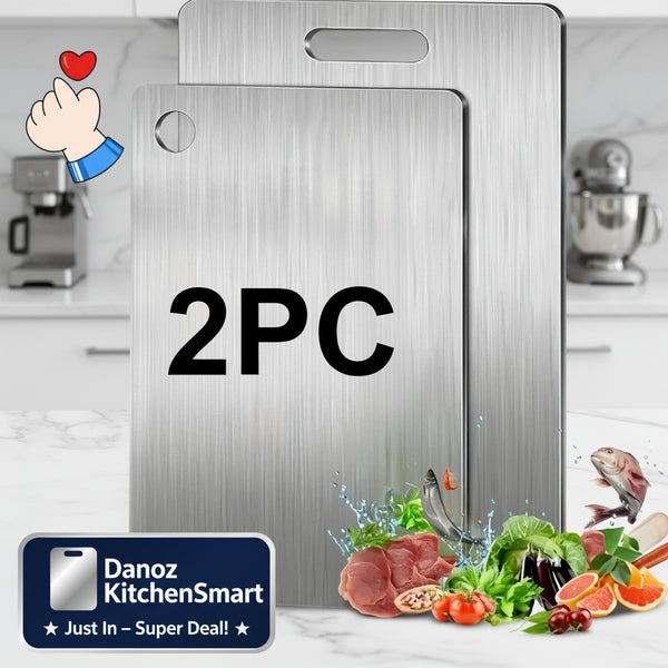 Two metallic cutting boards with '2PC' text, surrounded by food images on a white background.