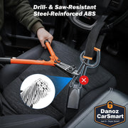 Car seat belt with drill and saw-resistant steel-reinforced ABS material, showing durability against cutting tools.