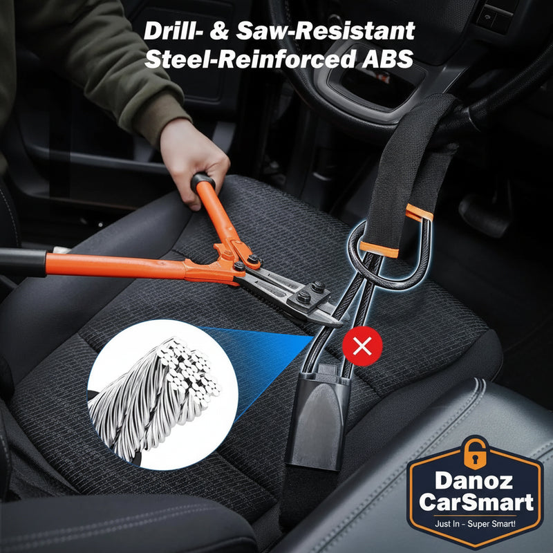 Car seat belt with drill and saw-resistant steel-reinforced ABS material, showing durability against cutting tools.