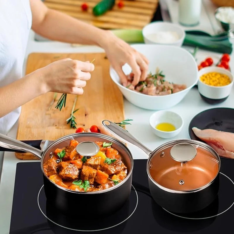 Danoz CookSmart CopperChef MICHELANGELO Ceramic Saucepan Set 3Pcs 1.5QT/2QT/3QT Nonstick Sauce Pans with Lids Multipurpose Pots!
