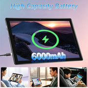 A tablet device with a large screen shown in a promotional graphic, with text reading 'High Capacity Battery' and '6000mAh.' The screen displays a mountain sunset scene with a green battery icon.