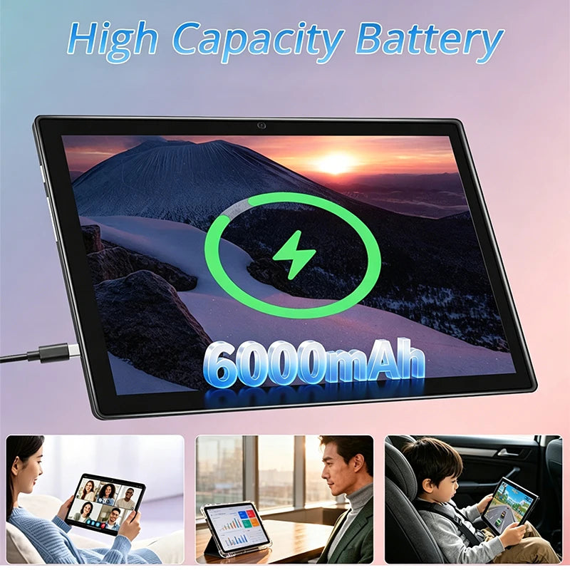 A tablet device with a large screen shown in a promotional graphic, with text reading 'High Capacity Battery' and '6000mAh.' The screen displays a mountain sunset scene with a green battery icon.