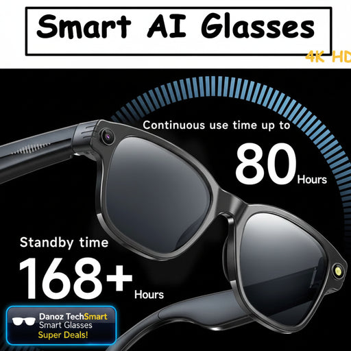 Smart AI Glasses with battery life information on a black background