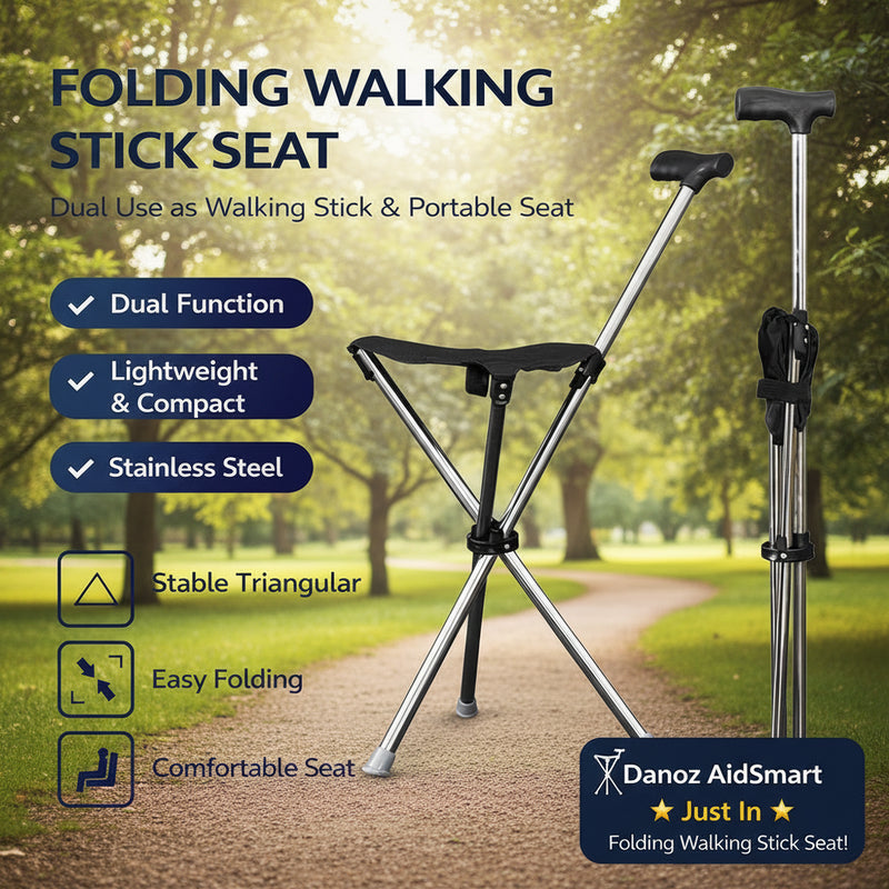 Folding walking stick with seat on a light gray background