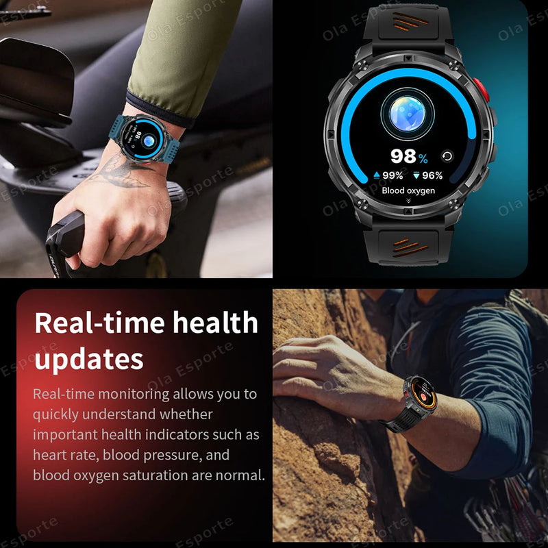 Smartwatch being used in various scenarios with text about real-time health updates.