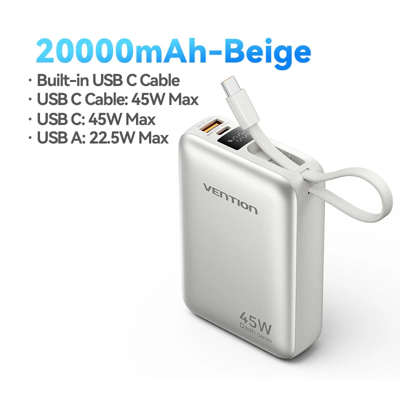 ⚡ Danoz PowerSmart | Vention 45W Power Bank | 20000mAh | Built-in USB-C Cable & Lanyard | 3-Port | 3C/CE/FCC/RoHS | iPhone & Samsung | Gray & Beige