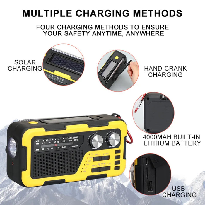 Any weather emergency with Danoz Direct Emergency Weather Radio! With a 2000mAh rechargeable battery, portable hand crank