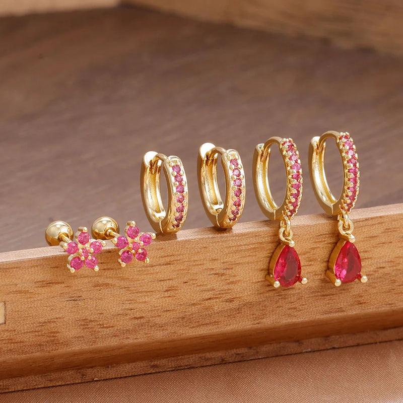 Danoz JewelrySmart - 6pcs Luxury Rose Red Zircon Stainless Steel Water Drop Hoop Earring For Women 14K Gold Plated Huggie Women's Piercing Jewelry