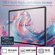 A 10.1-inch high-definition TV or monitor shown on a colorful abstract background, with text highlighting the large screen, HD 1920x1200 resolution, and 16:10 aspect ratio.