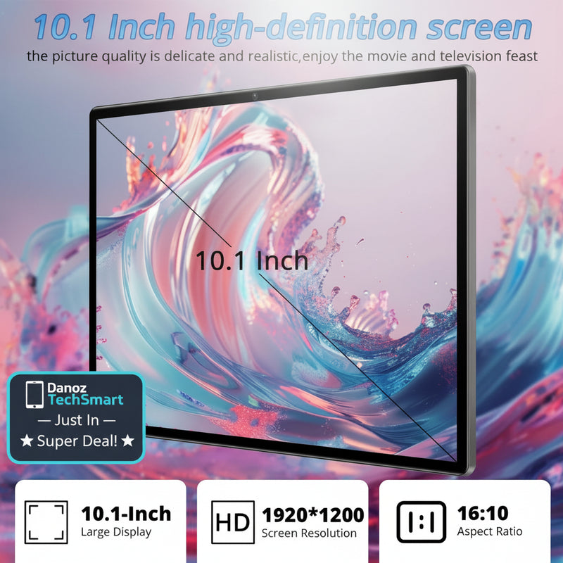 A 10.1-inch high-definition TV or monitor shown on a colorful abstract background, with text highlighting the large screen, HD 1920x1200 resolution, and 16:10 aspect ratio.