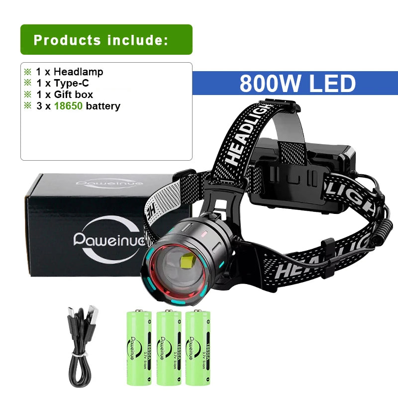 Danoz Lights - High Power 800W LED Headlight 500000000LM Super Bright Zoom Waterproof Headlamp Outdoor Camping Work Hunting Lantern