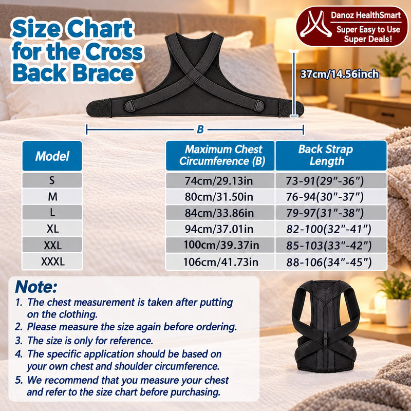 Measurement chart for a back brace with dimensions in centimeters and inches.