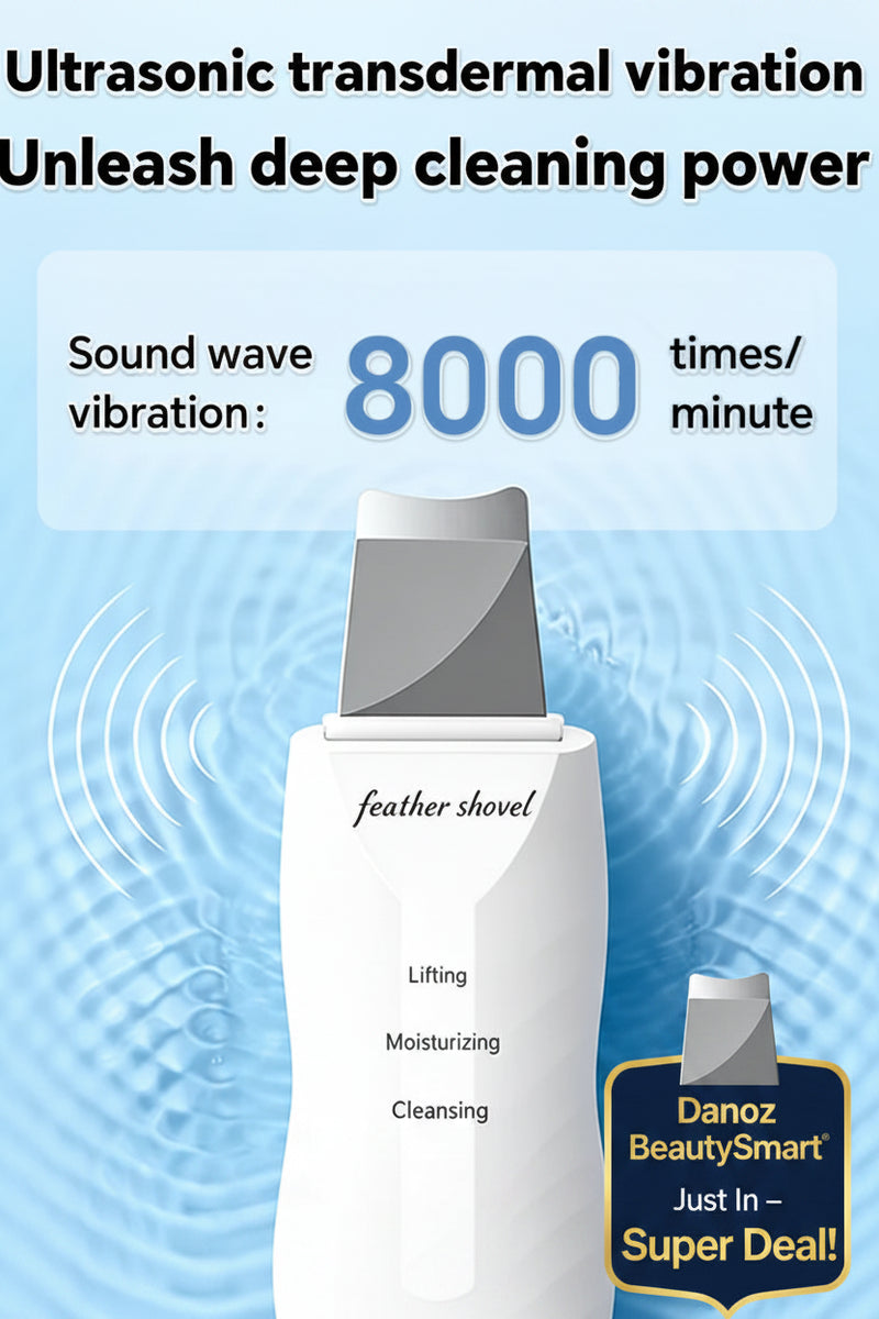 Ultrasonic skin care device with text about sound wave vibration and benefits on a blue background.