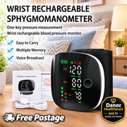 Wrist rechargeable sphygmomanometer with digital display on a blue background
