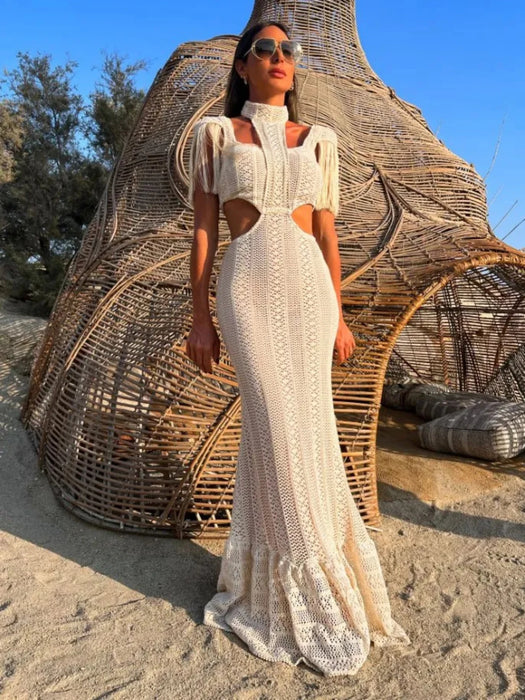 Experience Magic of Danoz Wow Fashion with a Sexy White Lace Women Dress! Designed with Turtleneck, Tassel sleeves + Slim naked Waist