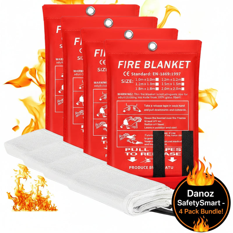 Fire blanket with red packaging and flames in the background
