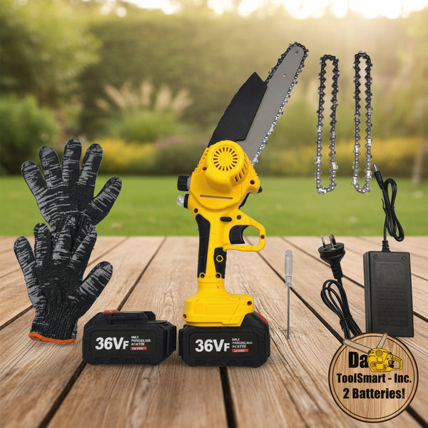 Yellow cordless chainsaw with battery, gloves, chain, and charger on a white background