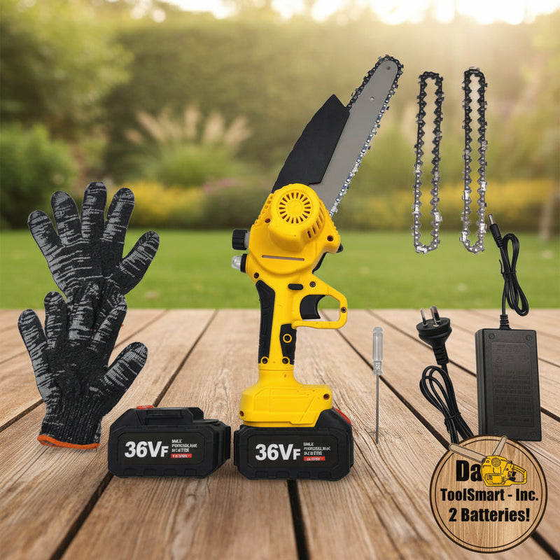 Yellow cordless chainsaw with battery, gloves, chain, and charger on a white background