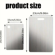 Two metal cutting boards with dimensions labeled on a white background