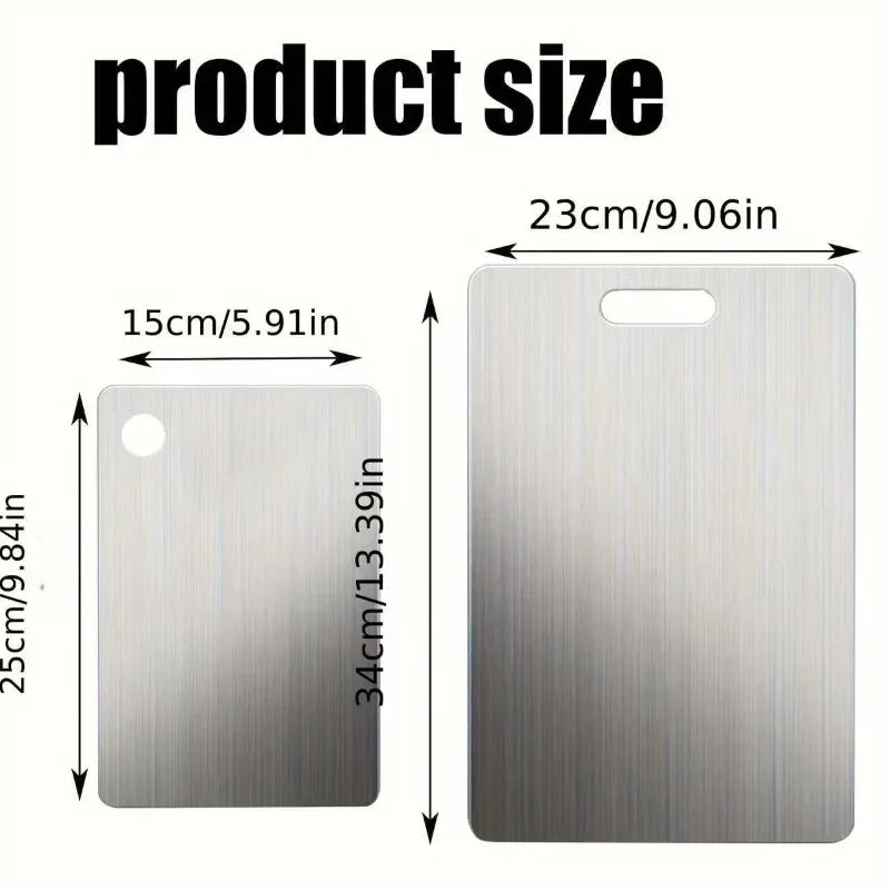 Two metal cutting boards with dimensions labeled on a white background