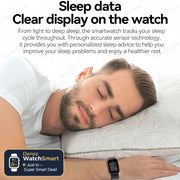 Man sleeping with a smartwatch on his wrist, displaying sleep data information.