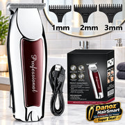 Hair clipper set with attachments and packaging on a white background