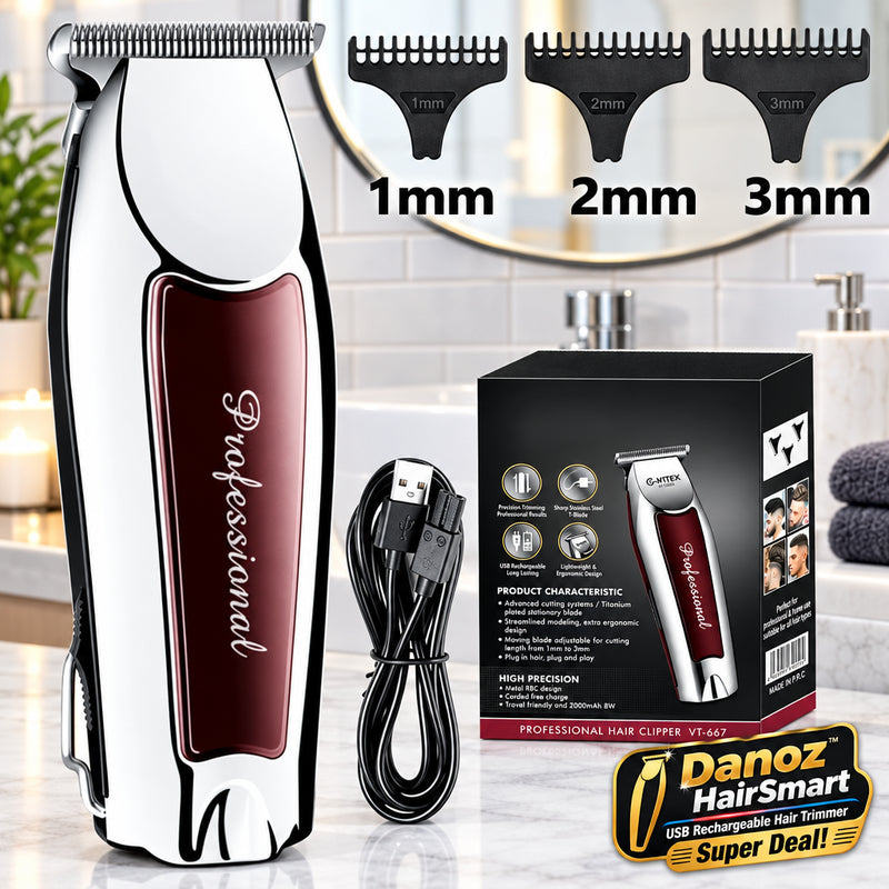 Hair clipper set with attachments and packaging on a white background