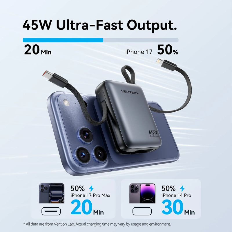 ⚡ Danoz PowerSmart | Vention 45W Power Bank | 10000mAh | Built-in USB-C & Lightning Cables | Digital Display | iPhone 17 & Samsung S26 | Gray & Beige