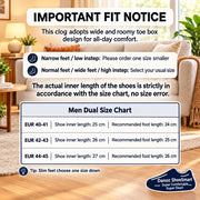 Important fit notice and men's dual size chart for clogs on a white background