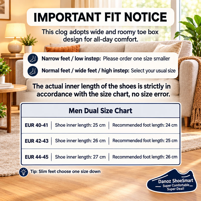 Important fit notice and men's dual size chart for clogs on a white background