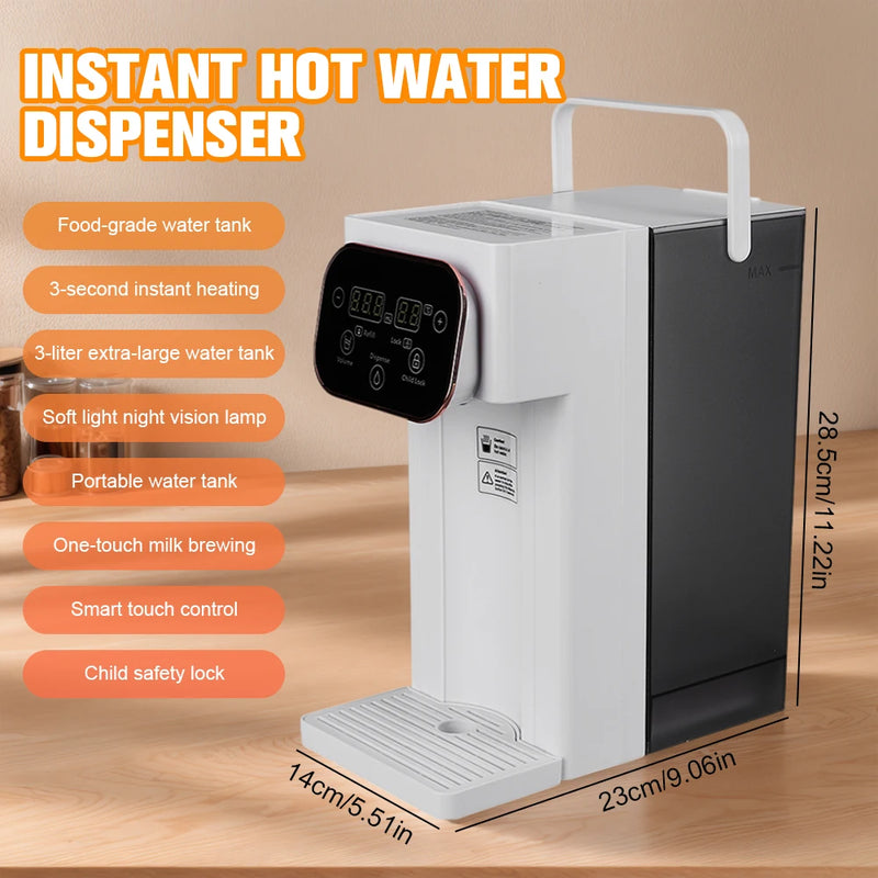Instant hot water dispenser with features listed on a wooden surface