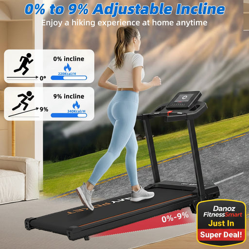 Woman running on a treadmill with adjustable incline feature, set against a scenic outdoor background.