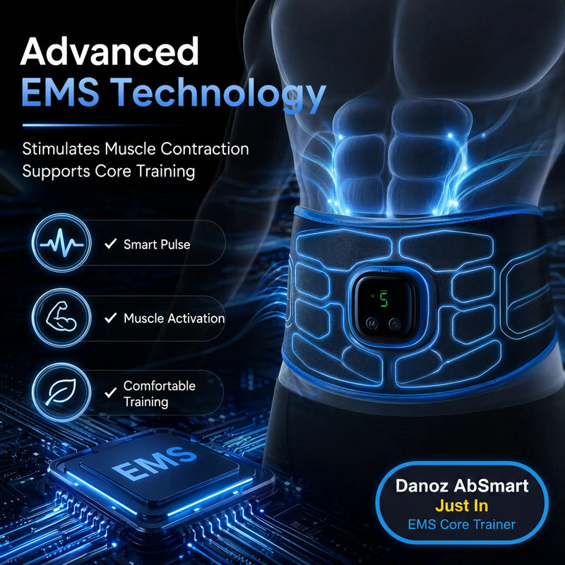 An illuminated EMS muscle stimulator belt wrapped around a human torso, with glowing blue circuitry and text highlighting smart pulse, muscle activation, and comfortable training. The background is dark with a futuristic electronic chip and additional product feature callouts.