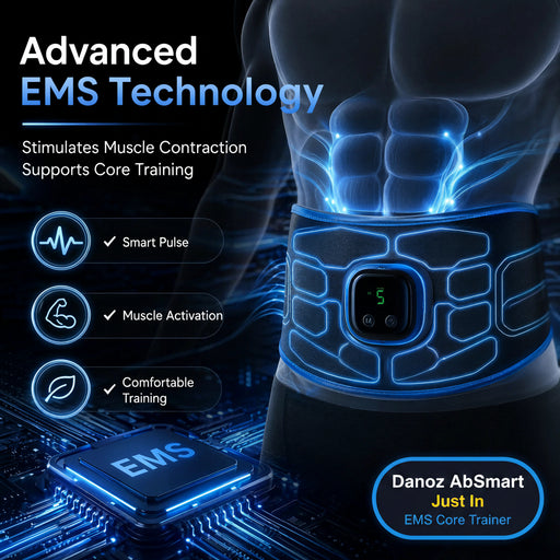 An illuminated EMS muscle stimulator belt wrapped around a human torso, with glowing blue circuitry and text highlighting smart pulse, muscle activation, and comfortable training. The background is dark with a futuristic electronic chip and additional product feature callouts.
