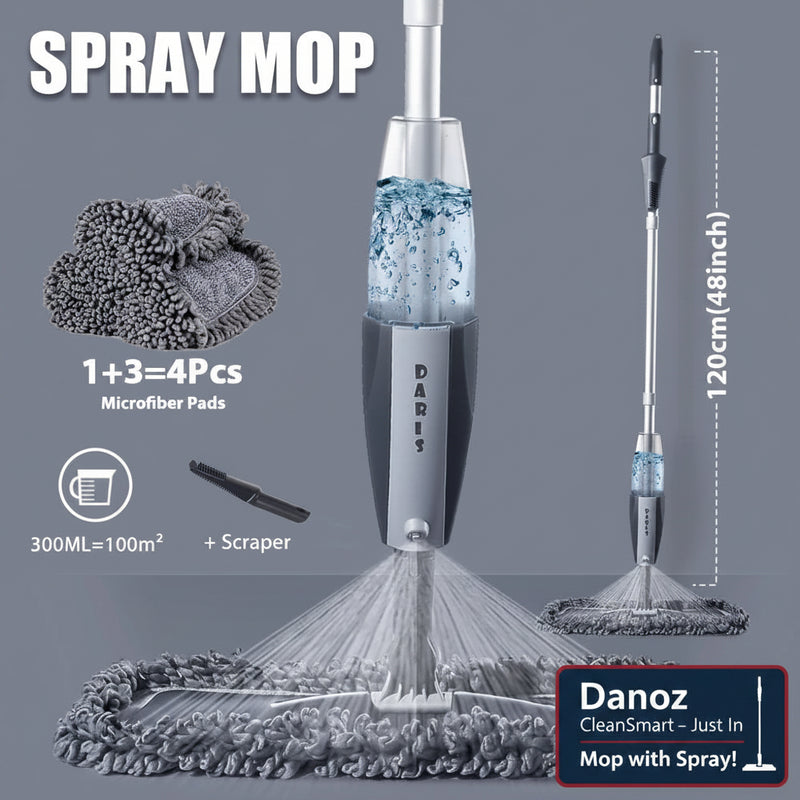 Spray mop with microfiber pads and scraper on a gray background