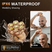 Shaving machine with water splashes and a man shaving, featuring IPX6 waterproof rating.