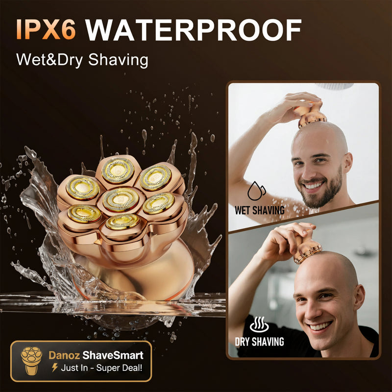 Shaving machine with water splashes and a man shaving, featuring IPX6 waterproof rating.