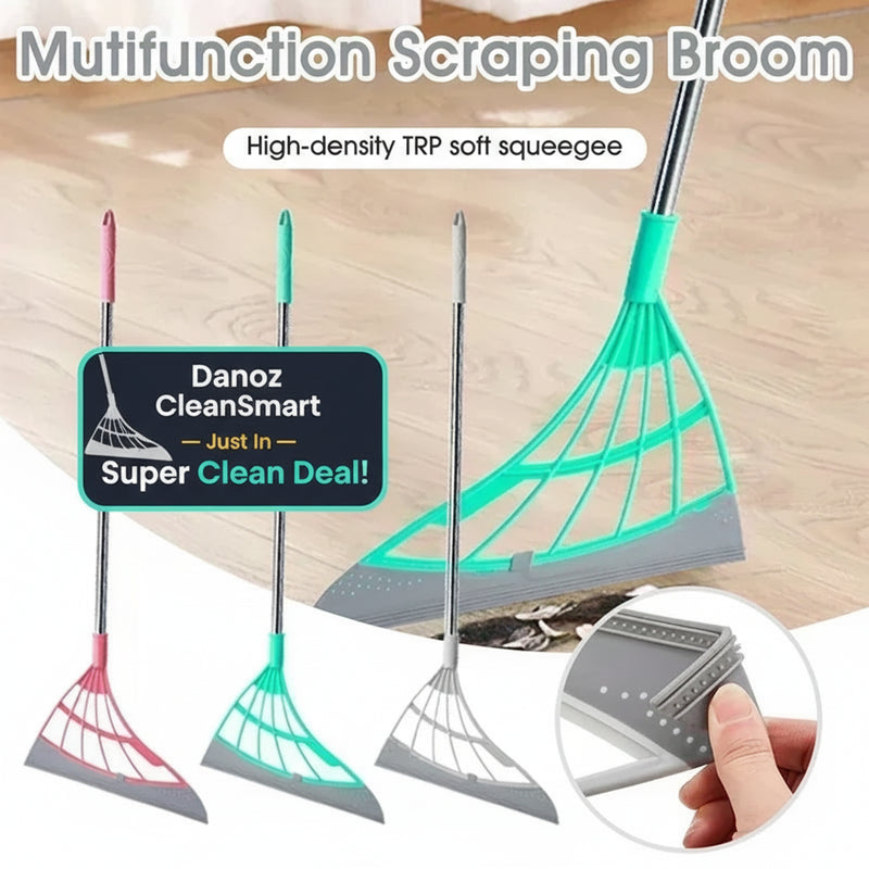 Multifunctional scraping broom with different colored handles on a wooden floor background.