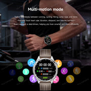 A smartwatch with a light brown leather strap is shown in front of a gym scene with a person's torso visible, with text reading 'Multi-motion mode' and colorful sport icons around the watch face.