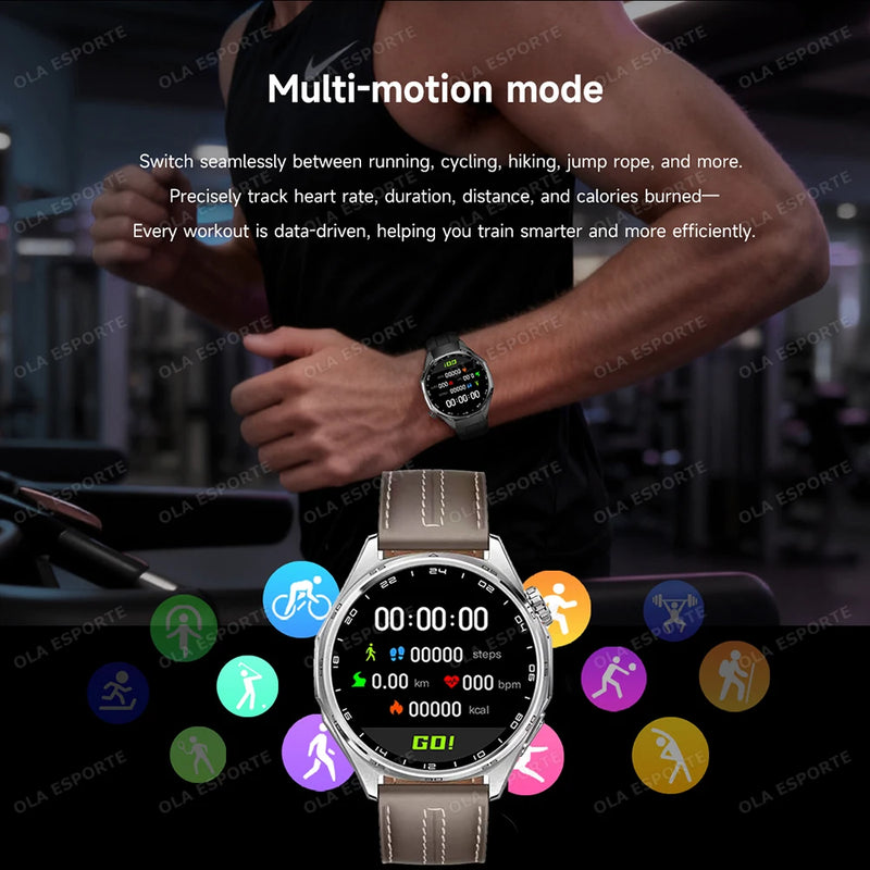 A smartwatch with a light brown leather strap is shown in front of a gym scene with a person's torso visible, with text reading 'Multi-motion mode' and colorful sport icons around the watch face.