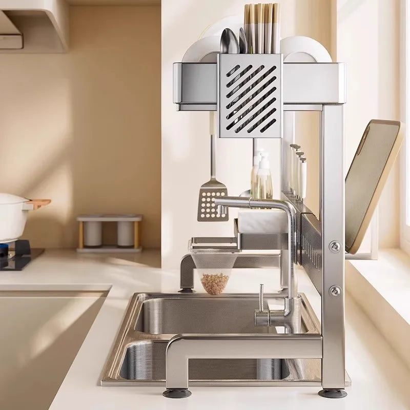 Danoz Kitchen - Adjustable Sink Drying Rack Over The Sink Dish Drying Holder Stainless Steel Kitchen Storage Dish Drainer Auto Drainage Hanger