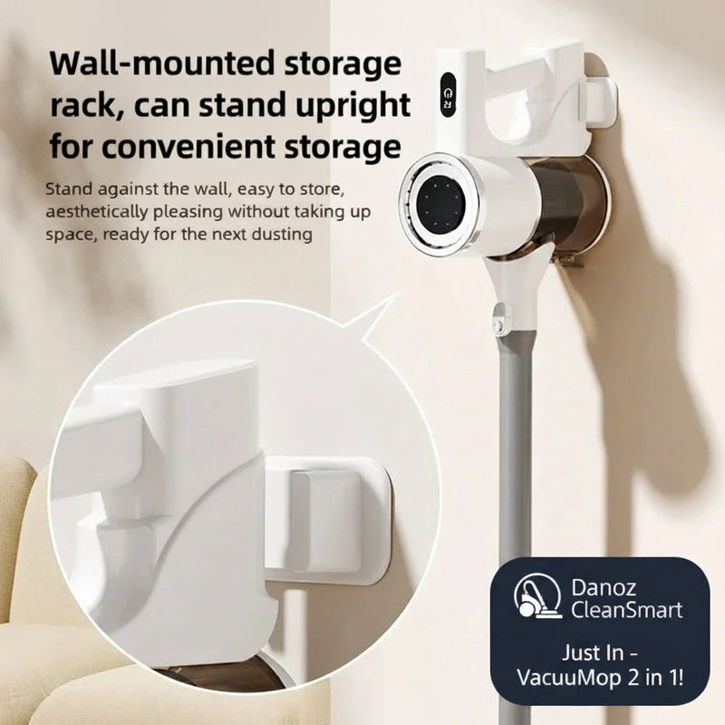 Wall-mounted storage rack for a vacuum cleaner with text on its benefits.