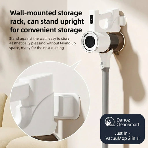 Wall-mounted storage rack for a vacuum cleaner with text on its benefits.