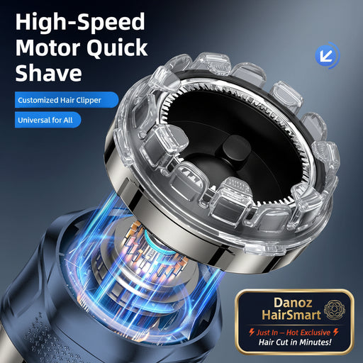 Hair clipper head with high-speed motor and customizable feature on a dark background