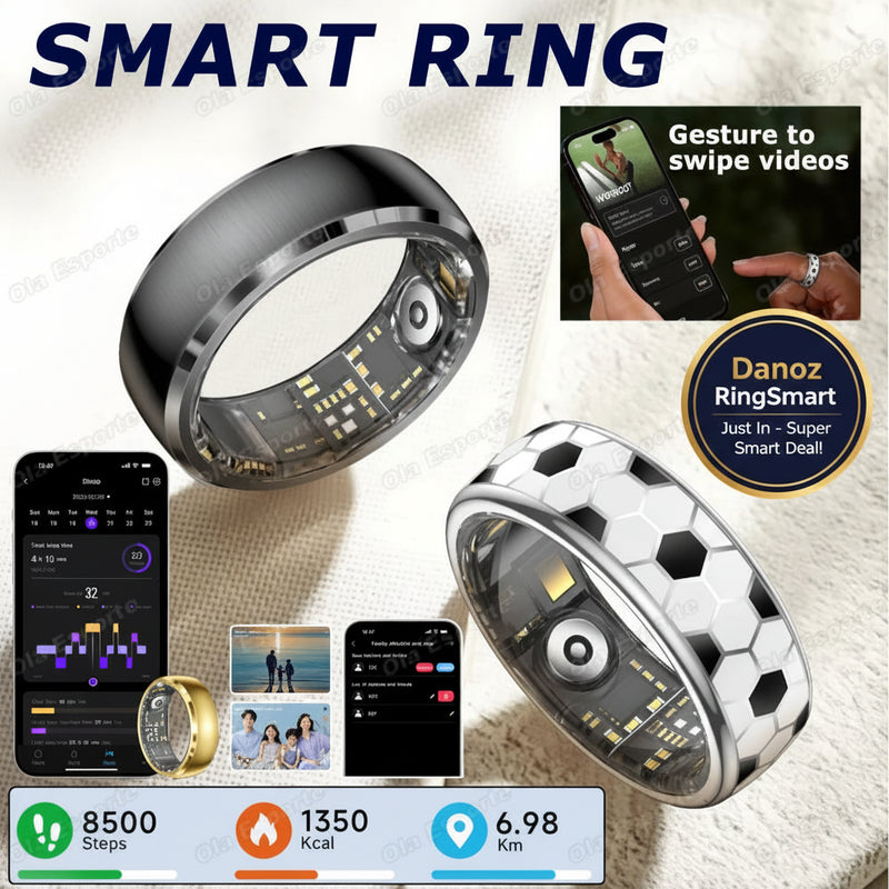 Two smart rings displayed on a soft white fabric background, one in polished black and one in silver with a black-and-white hexagon pattern. The image includes smartphone app screens showing fitness and video-gesture controls, the text 'SMART RING,' and feature callouts for steps, calories, and distance.