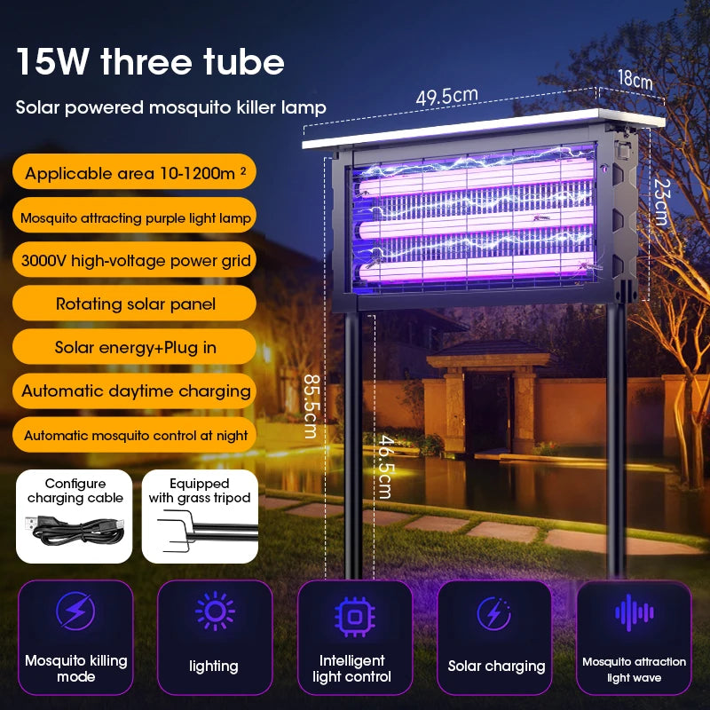 Keep your outdoor spaces mosquito-free without the hassle! with Danoz solar-powered or USB insect killer lamp harnesses the sun's energy to attract and eliminate flying pests