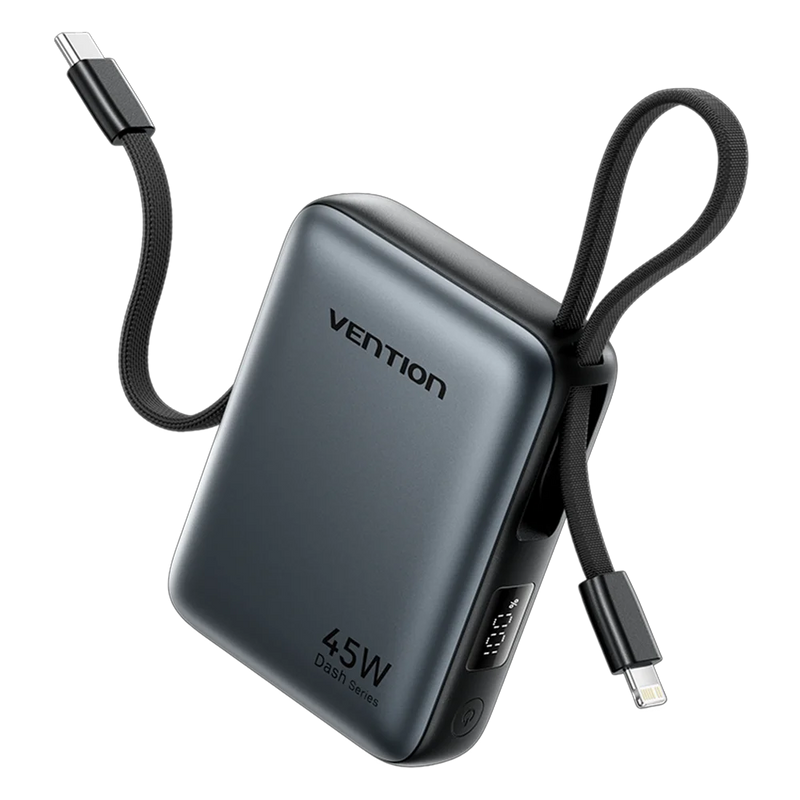 ⚡ Danoz PowerSmart | Vention 45W Power Bank | 10000mAh | Built-in USB-C & Lightning Cables | Digital Display | iPhone 17 & Samsung S26 | Gray & Beige